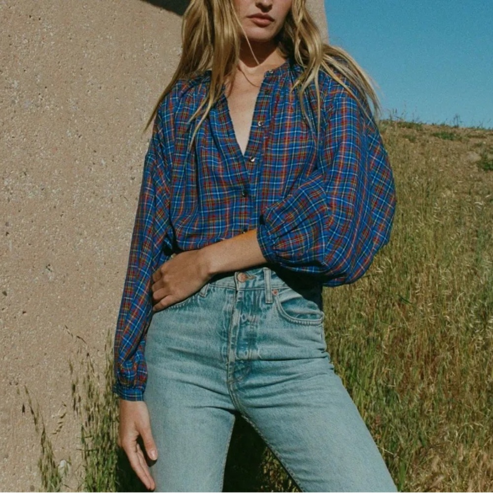 Doen Jane Blouse in Azure Blue Plaid